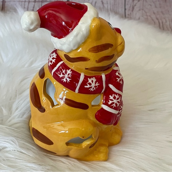 Ceramic Cat With Scarf And Santa Hat Votive Tea light Candle Holder 6” Tall - Picture 8 of 8
